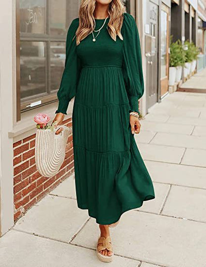 Women Clothing Popular Long Sleeve Pleating Layered Short Sleeve Large Swing Dress