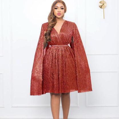 With Belt V Neck Long Sleeve Cape Waist Dress