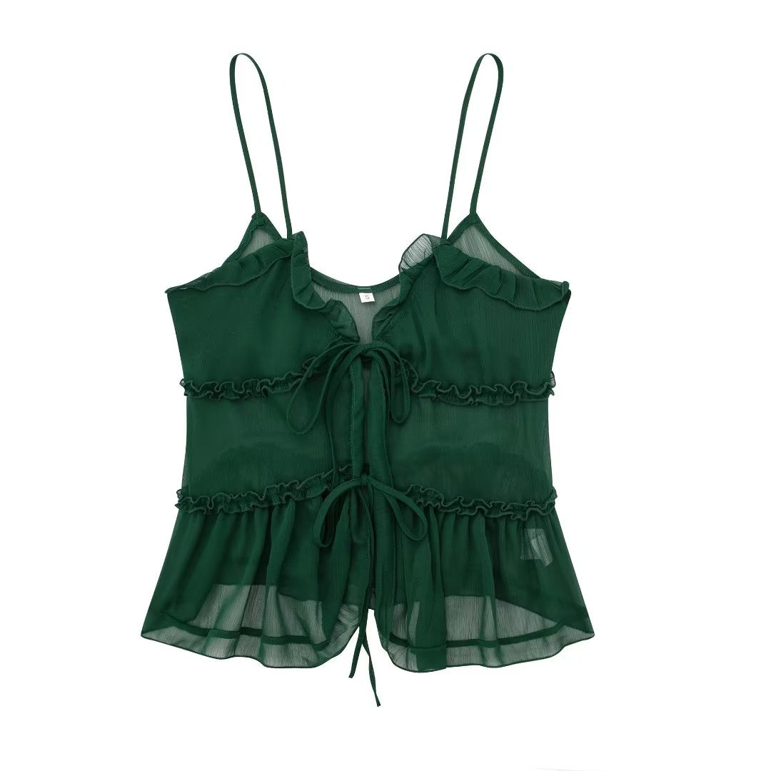 Women' Translucent Laminated Decoration Camisole Top Small Vest