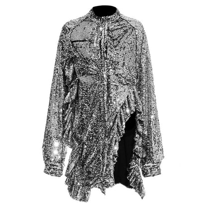 Sexy Nightclub Disco Heavy Embroidery Sequ Shiny Ruffled Long Sleeve Dress