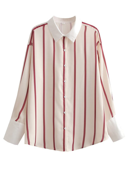 Women Clothing French Loose Lapels Striped Long Sleeve All Match Casual Shirt