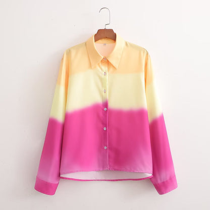 Camisa de verano para mujer con cuello, estampado tie dye, manga larga y botonadura sencilla