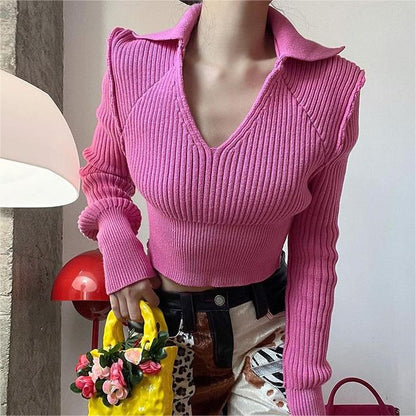 Top de punto recortado ajustado de Color sólido con cuello Polo de manga larga para mujer de tendencia de invierno