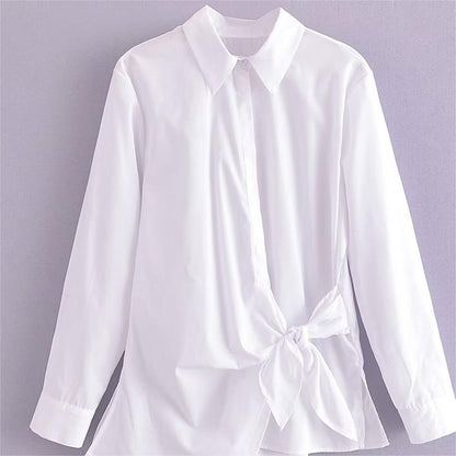 Summer Simple Collared Long Sleeve Asymmetric White Single Breasted Shirt for Women