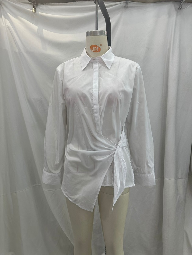 Summer Simple Collared Long Sleeve Asymmetric White Single Breasted Shirt for Women