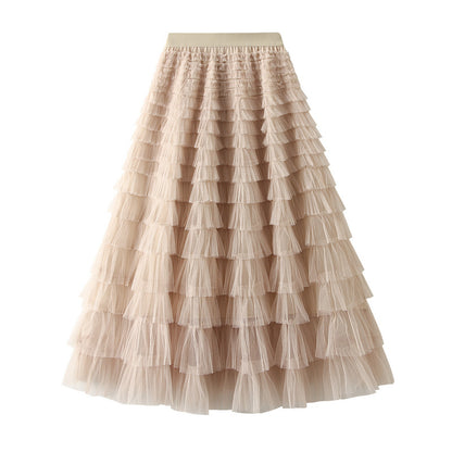 Mesh Tiered Skirt Women Spring Autumn Dress Fairy White Yarn Skirt Pleated