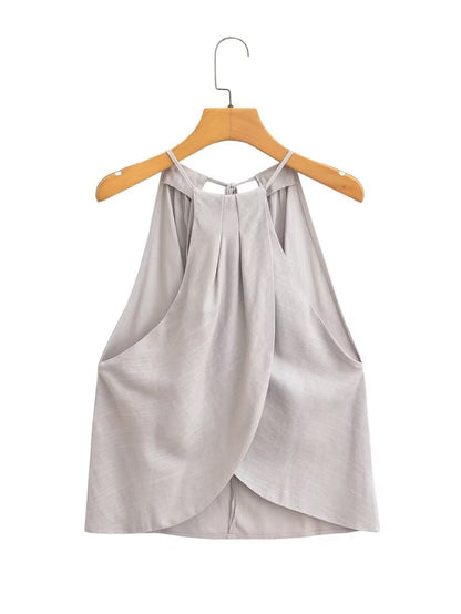 Traje con pantalones con pernera ancha y cuello colgante de lino para mujer de verano