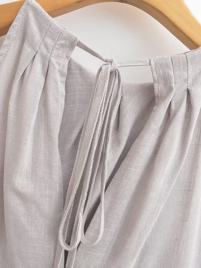 Summer Women Linen Hanging Collar Top Wide Leg Pants Suit