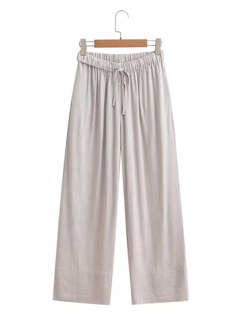 Summer Women Linen Hanging Collar Top Wide Leg Pants Suit