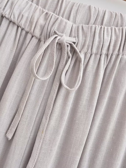 Summer Women Linen Hanging Collar Top Wide Leg Pants Suit