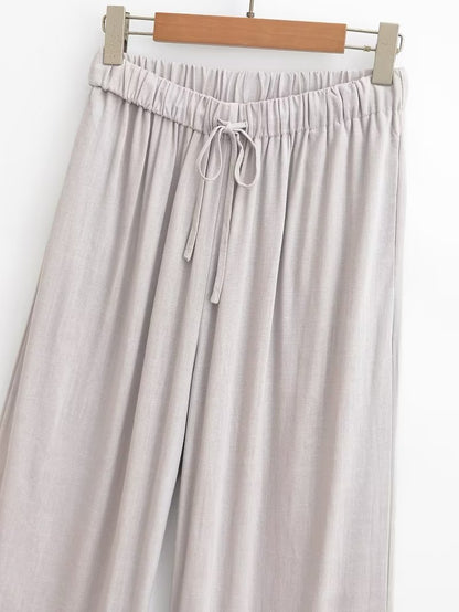 Summer Women Linen Hanging Collar Top Wide Leg Pants Suit