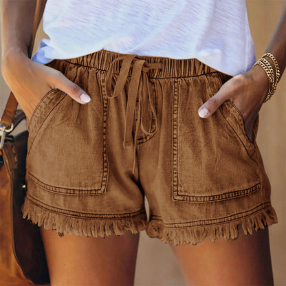 Sommer Neue Elastische Taille Kordelzug Lässige Hohe Taille Abnehmen Denim Shorts für Frauen