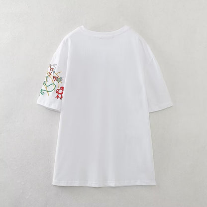 Summer Women Clothing Contrast Color Embroidery T shirt