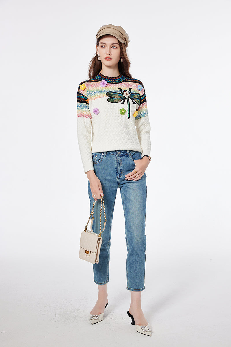 Women Spring and Autumn Bee Embroidered Heavy Industry Handmade Flower Crewneck Pullover Sweater Jacquard Knitted Top
