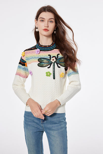 Jersey de punto Jacquard con cuello redondo y flores hecho a mano para industria pesada bordada con abeja para primavera y otoño para mujer