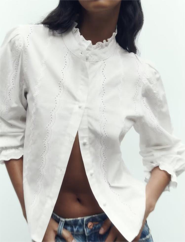 Camisa bordada con aberturas y estilo francés para mujer