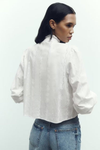 Camisa bordada con aberturas y estilo francés para mujer