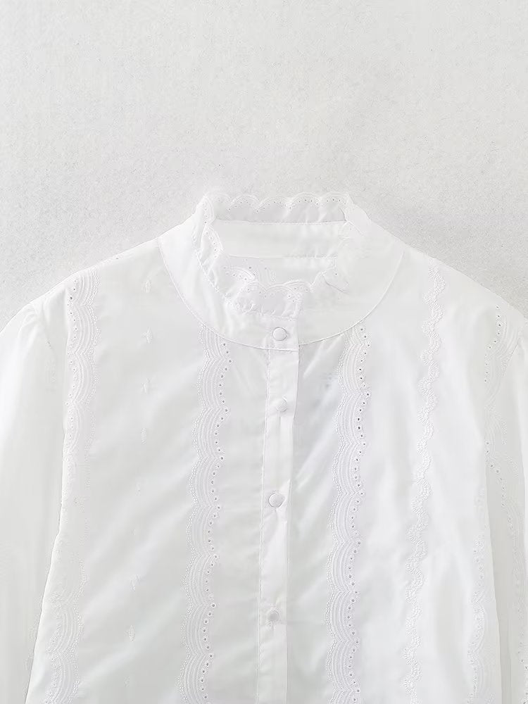 Women Clothing French Dignified Hollow Out Cutout Embroidered Shirt