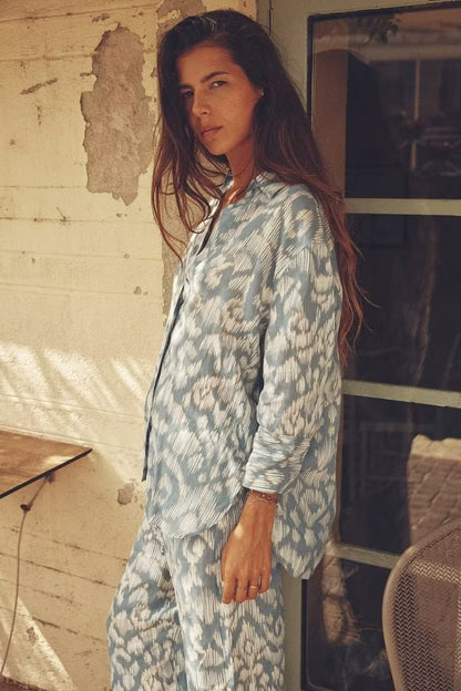 Women Clothing Autumn Urban Cotton Linen Printed Shirt Wide Leg Pants Suit