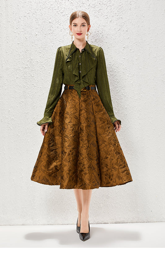 Conjunto de dos piezas de falda y camisa con volantes para mujer, traje de otoño Vintage ligero de lujo de estilo francés para mujer