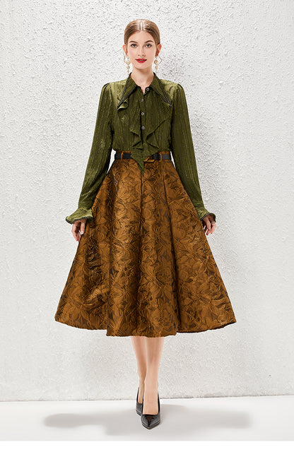 Women French Style Light Luxury Vintage Autumn Suit for Ladies Ruffled Shirt Skirt Two piece Set