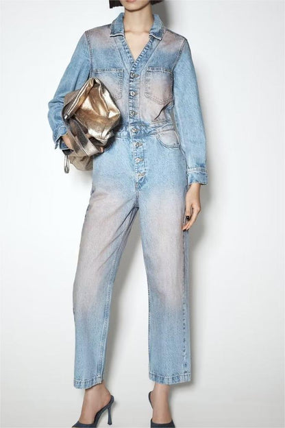 Women Clothing French Pan Pink Washed Denim Jumpsuit