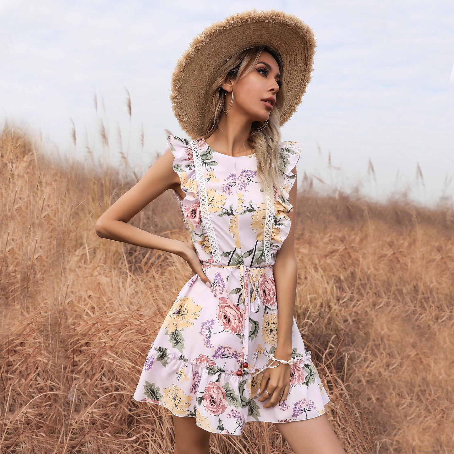 Summer Women Wear Printed Waist Controlled Patchwork Ruffled Design Dress