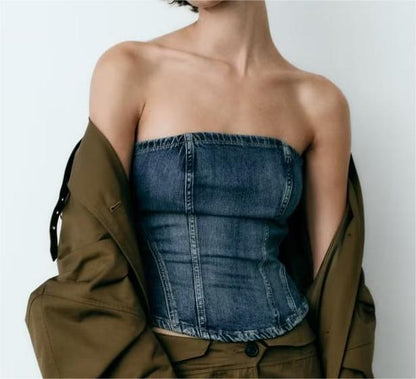 Summer Women Clothing off Neck Back Zipper Corset Denim Top