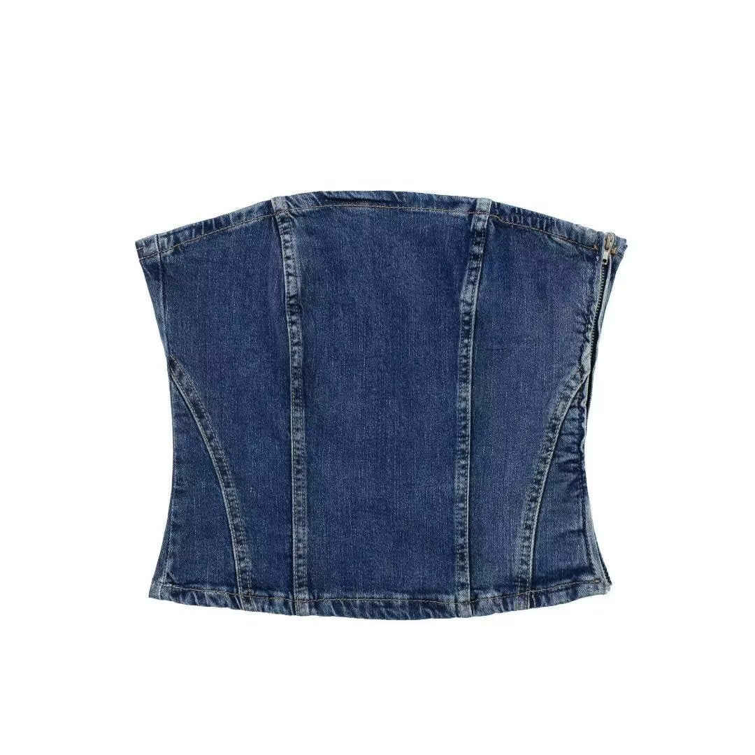 Sommer Damen Kleidung Off Neck Back Zipper Korsett Denim Top