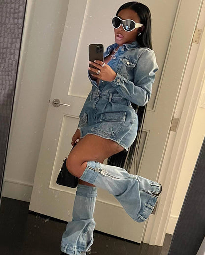 Women Sexy Multi Pocket Washed Denim Dress Three Piece Set Including Trousers