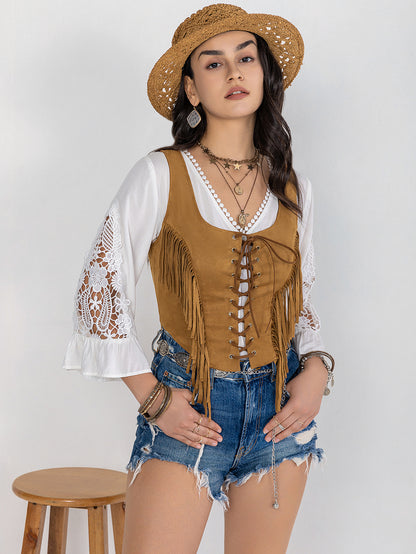 Blusa sin mangas con borlas para mujer, otoño e invierno