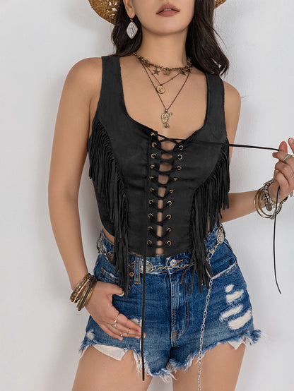 Women Autumn Winter Bottoming Tassel Sleeveless Top