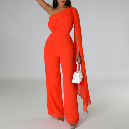 Women Clothing Solid Color Office Sexy One Shoulder Cocktail Dress African Jumpsuit