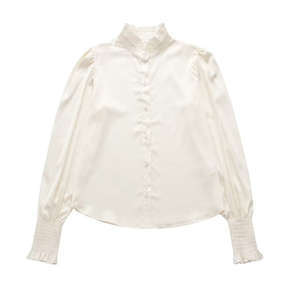 Camisa blanca para mujer Primavera Otoño Sense Camisa con volantes y cuello alto Camisa de fondo Otoño Invierno