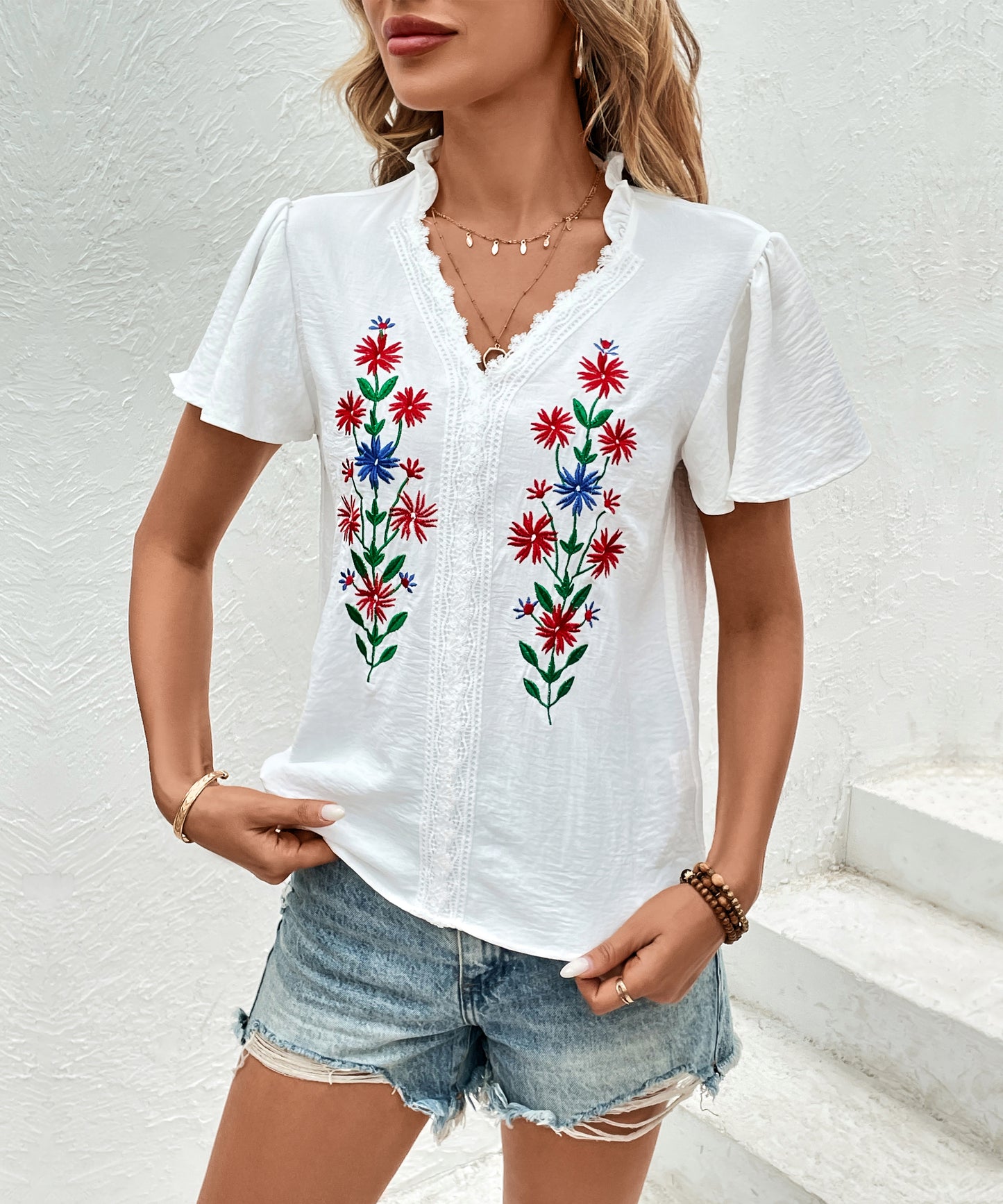 Summer Women Clothing White Short Sleeved Embroidered Shirt Women