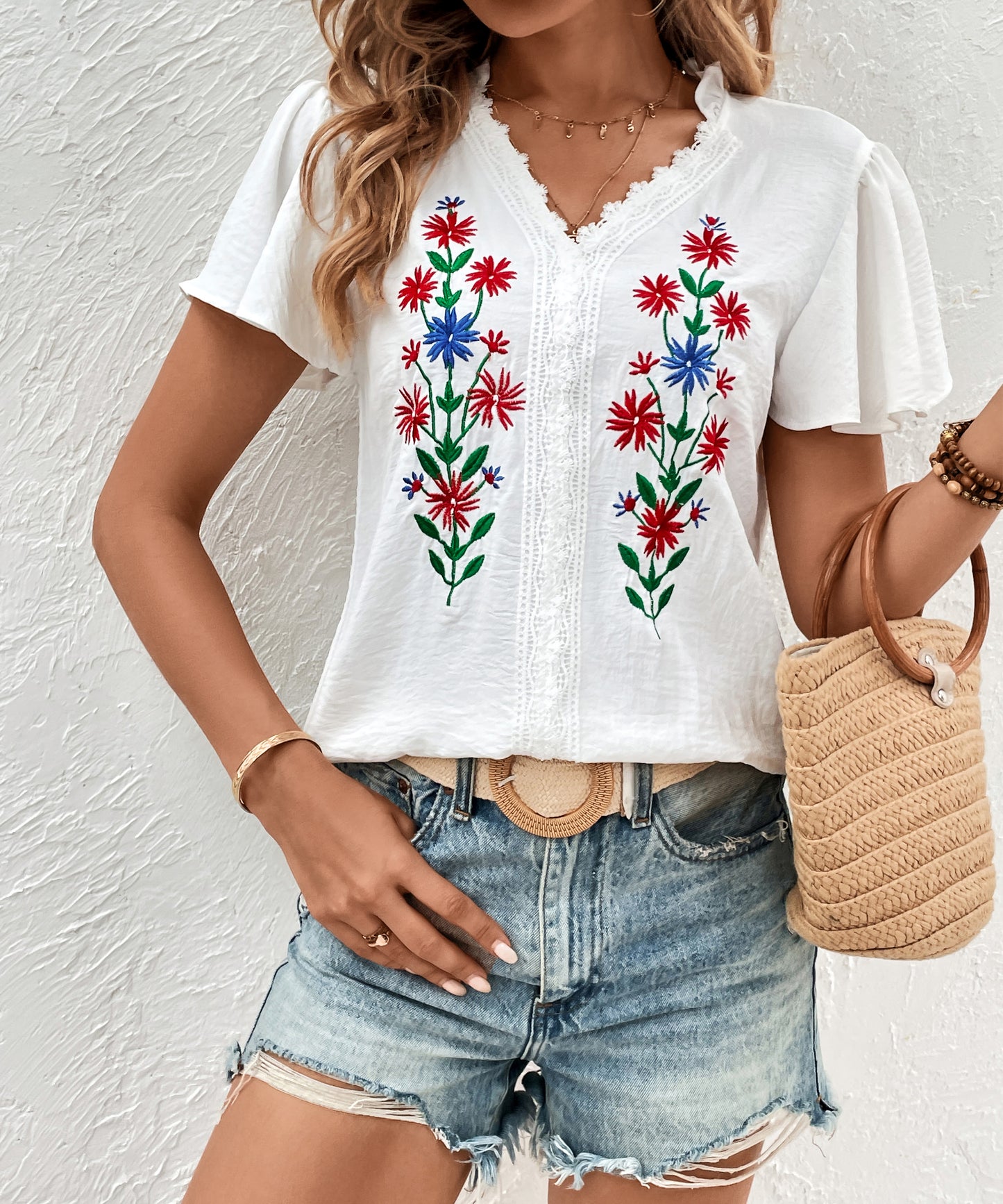 Summer Women Clothing White Short Sleeved Embroidered Shirt Women