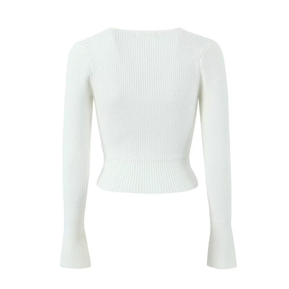 Zarter dreifarbiger Pullover mit Blumenstickerei und quadratischem Kragen für Damen im Herbst, süßes, schmal geschnittenes bauchfreies Top mit Krawattenhals