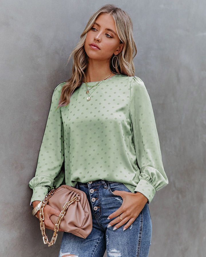 Spring Summer Chiffon Shirt Loose Long Sleeve Elegant Polka Dot Satin Top Women