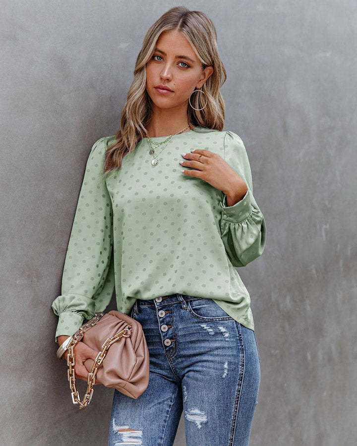 Spring Summer Chiffon Shirt Loose Long Sleeve Elegant Polka Dot Satin Top Women