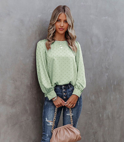 Spring Summer Chiffon Shirt Loose Long Sleeve Elegant Polka Dot Satin Top Women