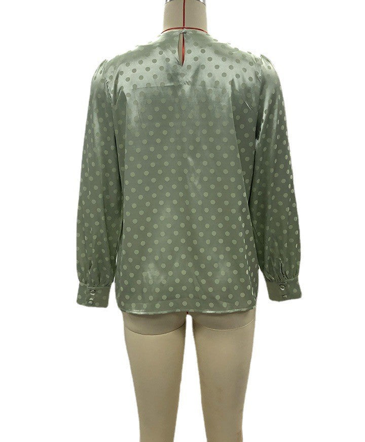 Spring Summer Chiffon Shirt Loose Long Sleeve Elegant Polka Dot Satin Top Women