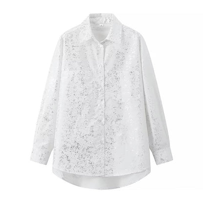 Camisa de manga larga de popelina metálica para otoño e invierno para mujer