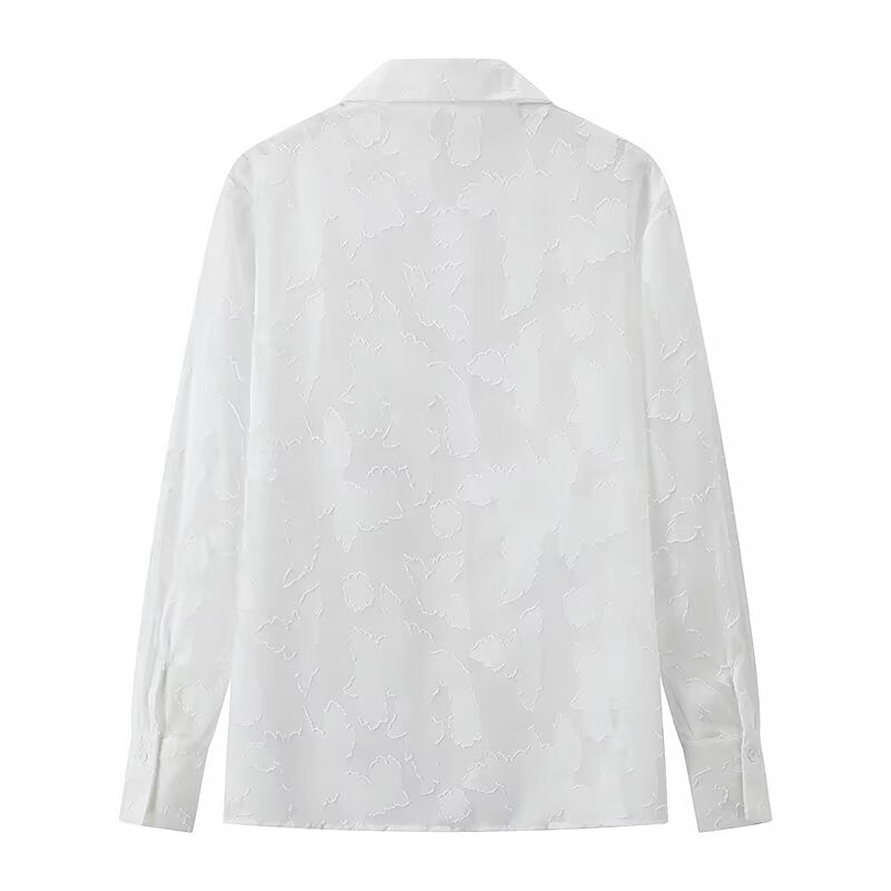 Women Clothing Spring Summer Solid Color Chiffon Jacquard Breasted Long Sleeve Shirt Women