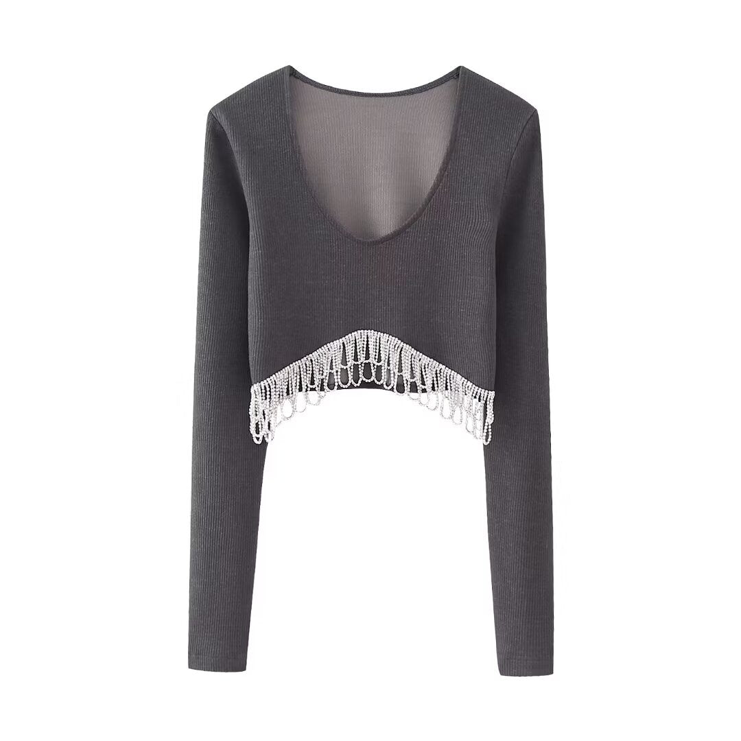 Winter Shiny Ornament Soft Knitted Long Sleeved Tassel Top