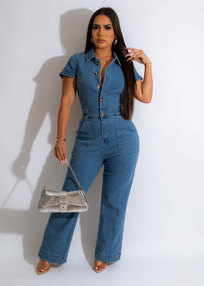 Women Sexy Denim Jumpsuit Short Sleeve Wide Leg Pants