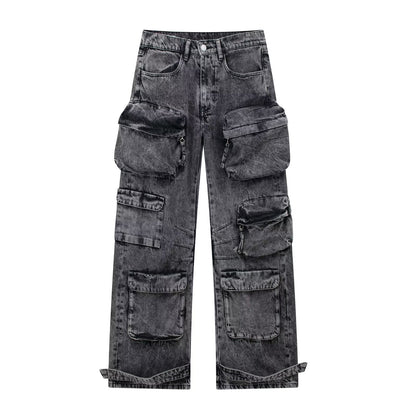 Street Hipster Smoky Gray Stitching Multi Pocket Cargo Pants Street Washed Worn Long Wide Leg Pants