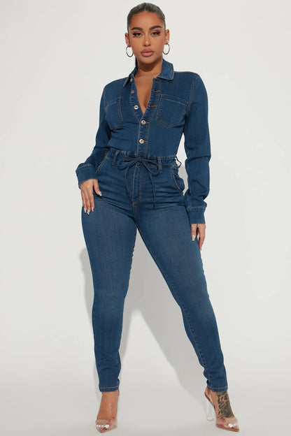 Sexy langärmliger Denim-Overall mit hoher Elastizität für Damen