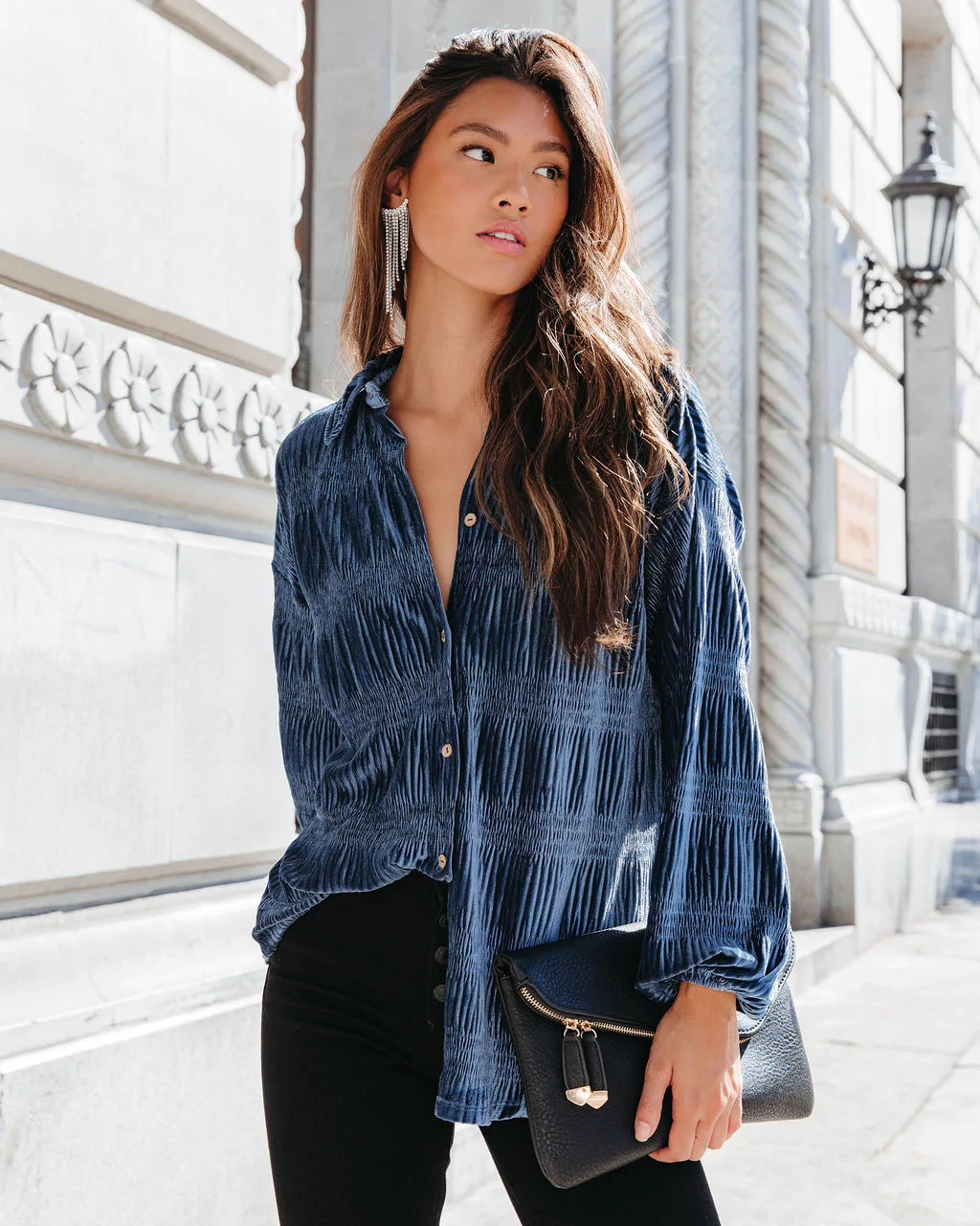 Spring Ladies Elegant Loose Velvet Pleated Design Collared Lantern Sleeve Shirt