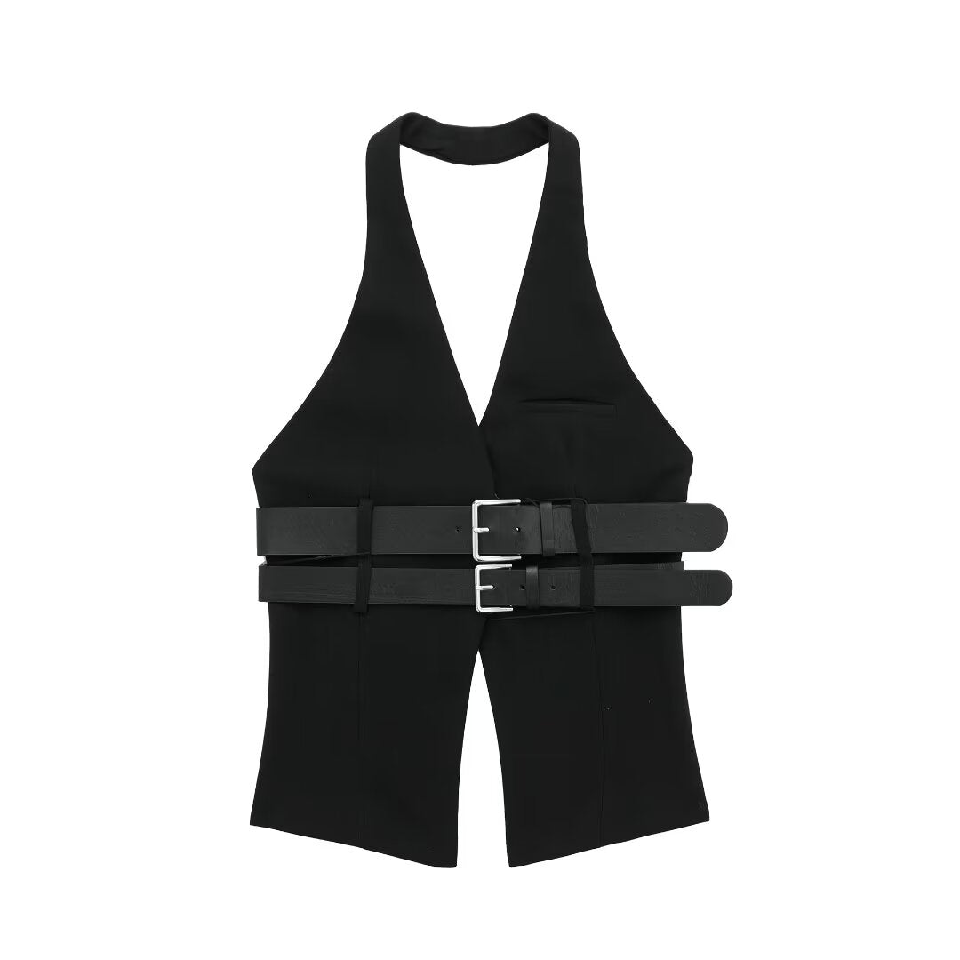 Sexy Sweet Cool with Belt Hanging Collar Vest Top Autumn Winter Backless Sexy Niche Sling