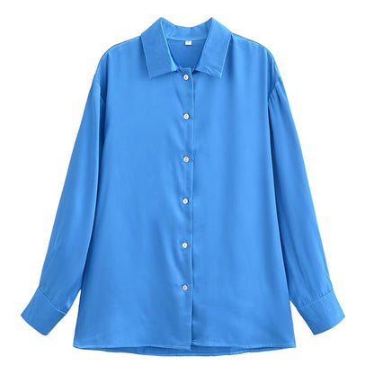 Women Clothing French All-Match Solid Color Polo Collar Loose Casual Long Sleeves Shirt